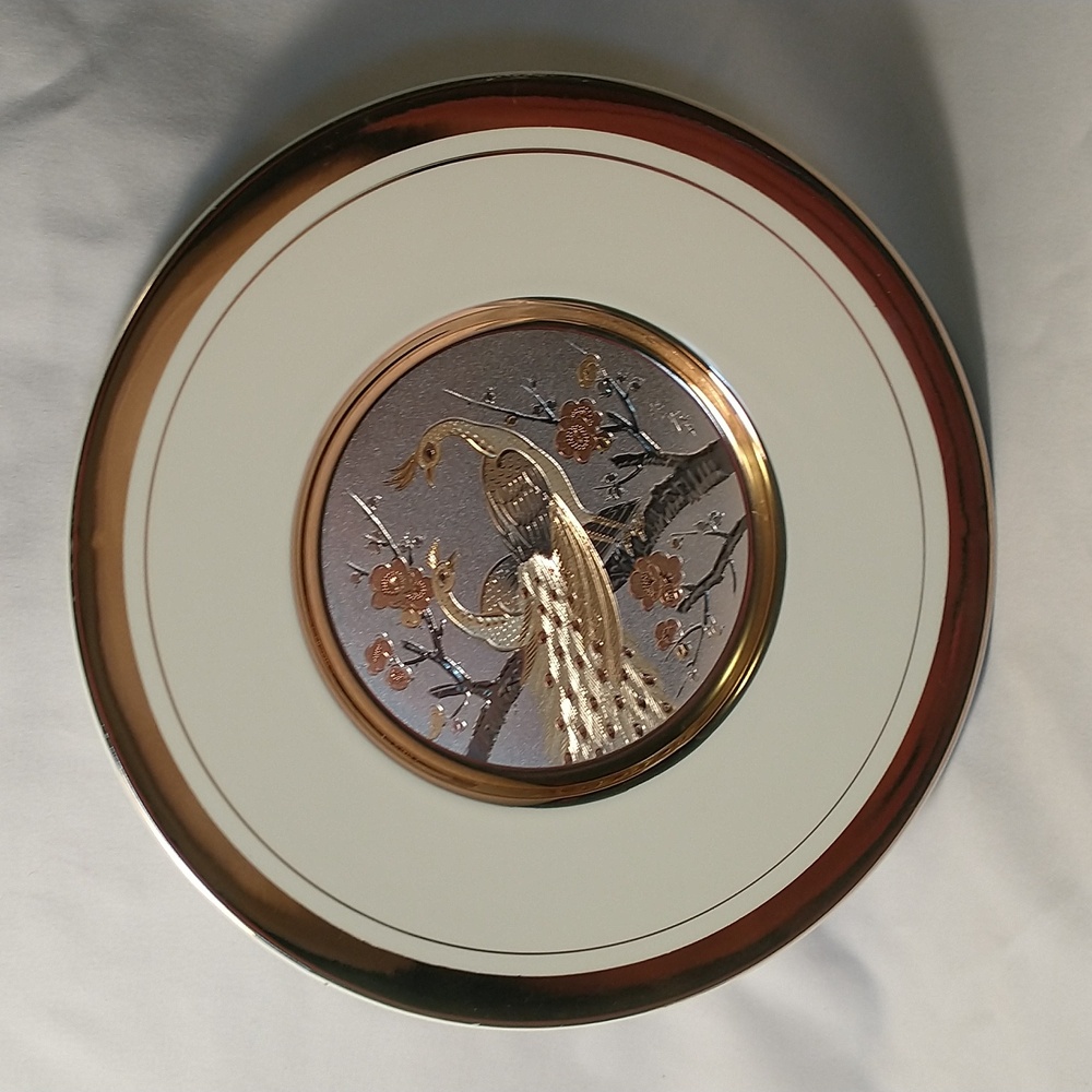 Vintage 24k gold edged Art Of Chokin Plate featuring peacocks